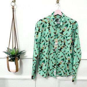 NWT RSVLTS The Office Dwight Elf Holiday Long Sleeve Button Front Top Size S